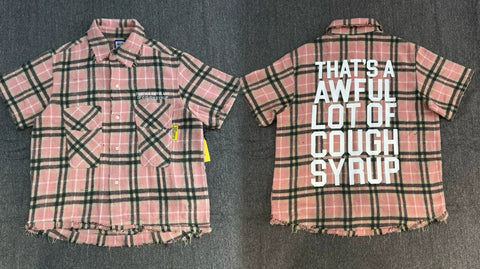 That's A Awful Lot Of Cough Syrup Distressed Plaid Button-Down Shirt - Pink Plaid