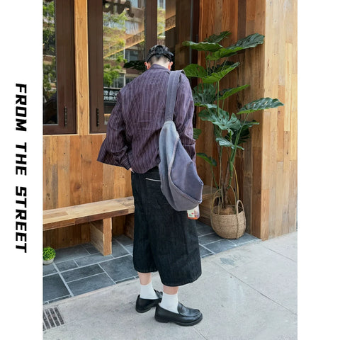 From THE STREET, a loose shirt with purple contrasting stripes from the street, suitable for both men and women