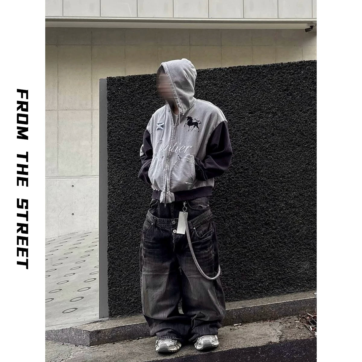 From THE STREET, street washed, worn, embroidered, zippered cardigan, hooded sweatshirt, jacket