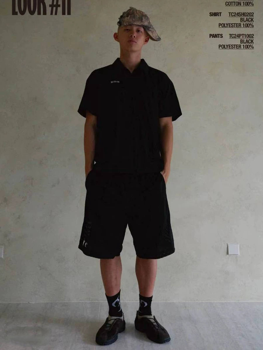 From Street American retro black metal logo mesh breathable knee high casual sports shorts for men