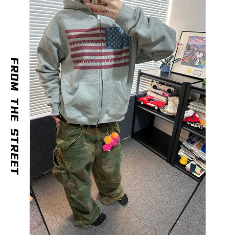 From THE STREET Street American Flag Printed Hooded Zipper Autumn/Winter Cashmere Cardigan Sweatshirt Men's Sweatshirt