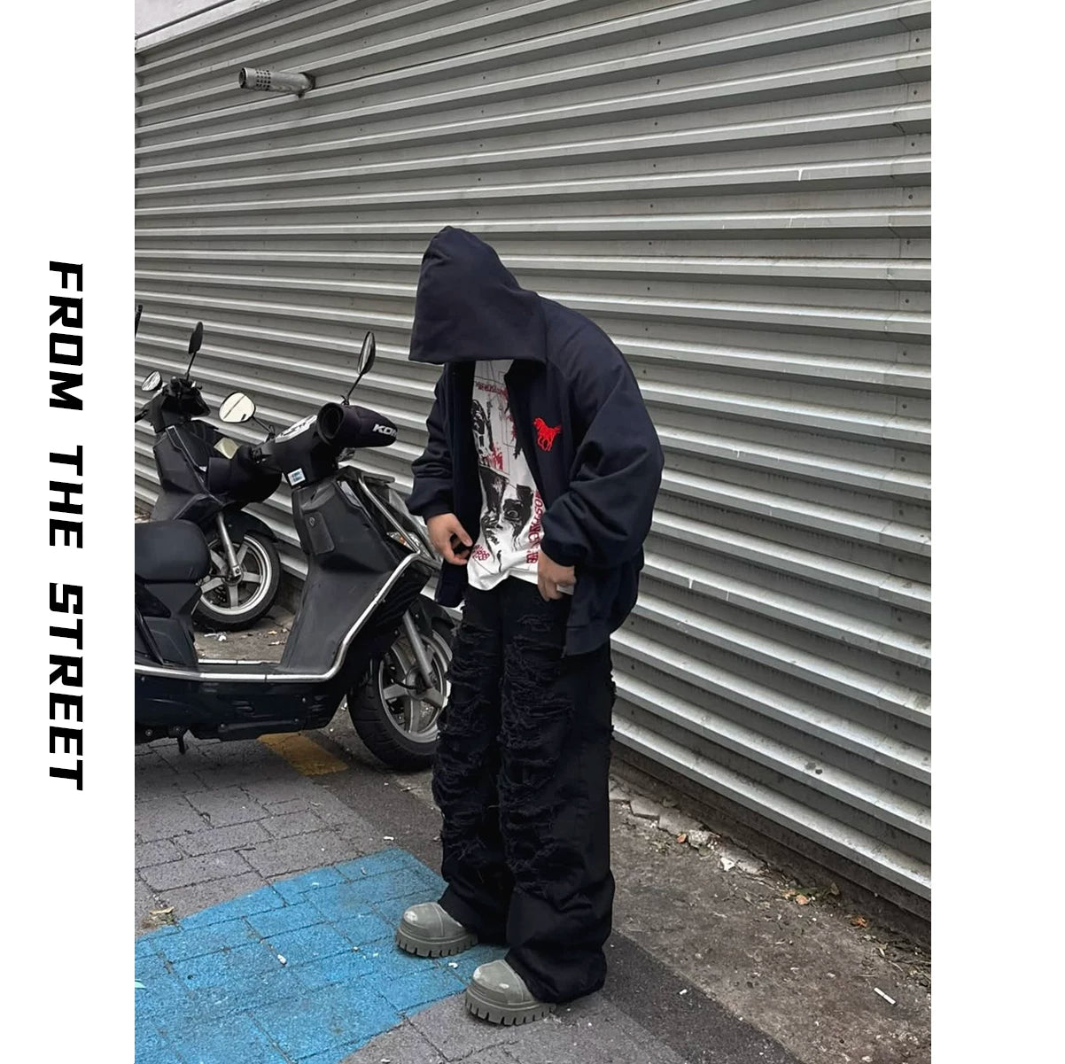 From THE STREET: Street Warrior, Embroidered, Bruveled, Washed, Used, Zippered, Loose Hooded Hoodie