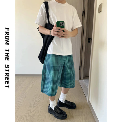 Japanese retro blue checkered shorts from the street, men's loose straight leg summer versatile casual five inch shorts ins
