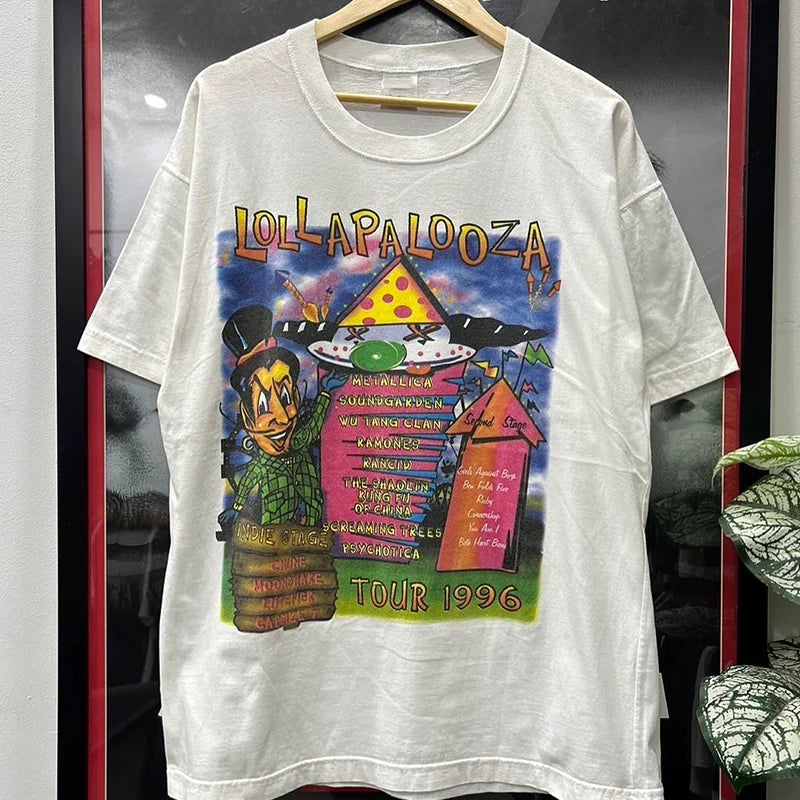 Lollapalooza音乐节潮牌印花短袖T恤y2k美式小领口纯棉圆领体恤衫