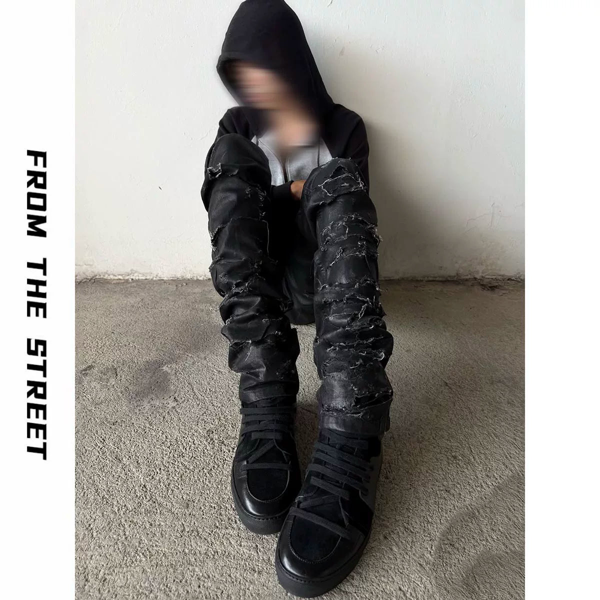 From THE STREET, Street Brushing Wax Destruction Denim Pants Slimming Skinny Pants Hediboy