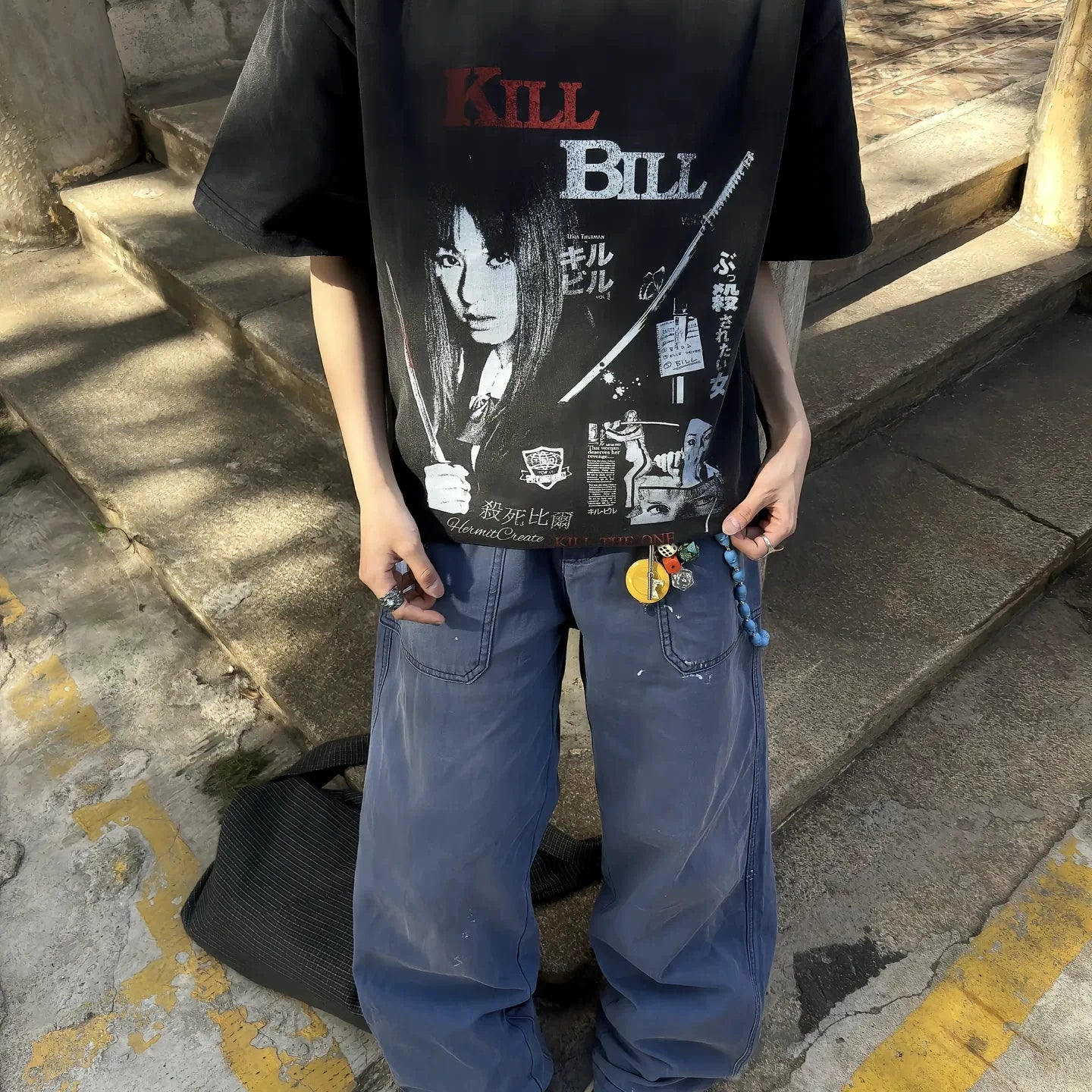 TSAOOJ Wash Kill Bill Movie T-shirt Vintage Vintage Vintage distressed short width pure cotton cleanfit short sleeved
