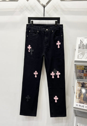 Chrome Hearts Black & Pink-Black Cross Patch Denim Jeans