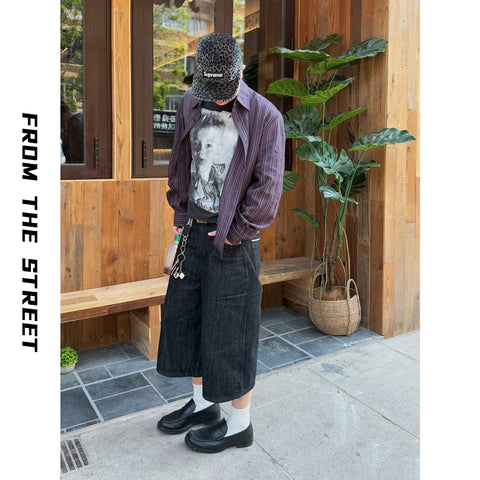From THE STREET, a loose shirt with purple contrasting stripes from the street, suitable for both men and women