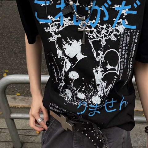 TSAOOJ Shibuya Girls 320g Heavy Cotton Retro Direct Spray Printed Short Sleeve T-shirt Cleanfit
