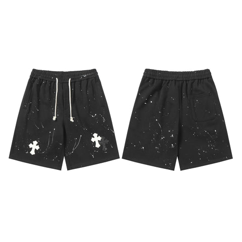 Chrome Hearts Black Paint Splatter & White Cross Patch Sweatshorts