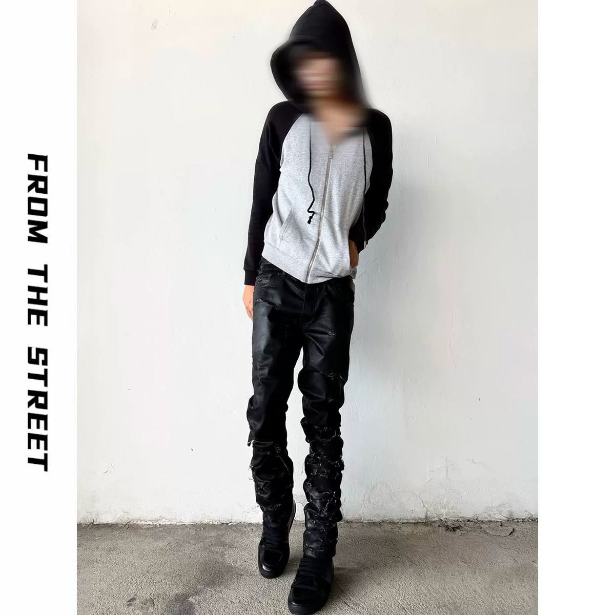 From THE STREET, Street Brushing Wax Destruction Denim Pants Slimming Skinny Pants Hediboy