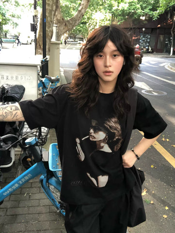 TSAOJ 'Smoking Girl' Heavy Cotton Short sleeved T-shirt Digital Direct Spray Loose Casual Versatile Top