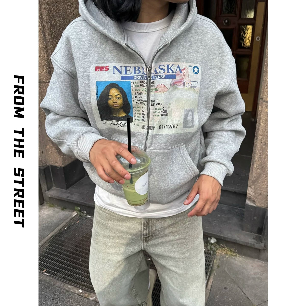 From THE STREET Street American Printed Shoulder Hoodie Boxy Sweatshirt Men's and Women's Casual