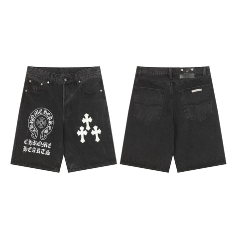 Chrome Hearts Black Horseshoe Print & White Cross Patch Denim Shorts