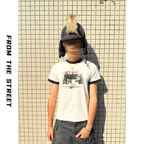 From Street American Retro Splicing Threaded Printed Tight Fit T-shirt Heavy Weight Round Neck Short Sleeve Top for Men and Women
