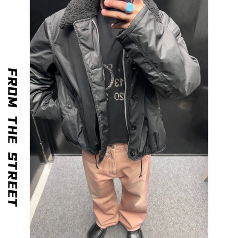Street collar lamb wool clean fit short and wide jacket with elastic hem, warm cotton jacket for men and women