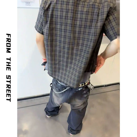 From THE STREET, retro streetwear, checkered short sleeved shirt, men's summer collar shirt, men's