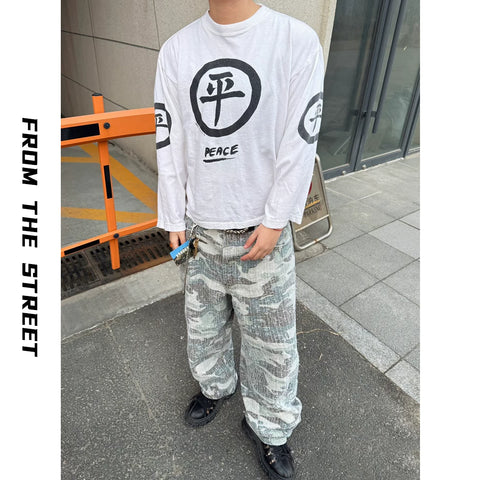 From the street gray white camouflage loose baggy silhouette stacking casual denim pants worn out pilling work pants
