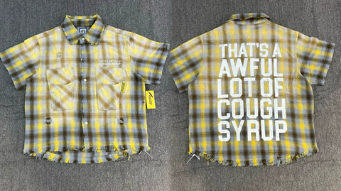 That's A Awful Lot Of Cough Syrup Distressed Plaid Button-Down Shirt - Yellow Plaid
