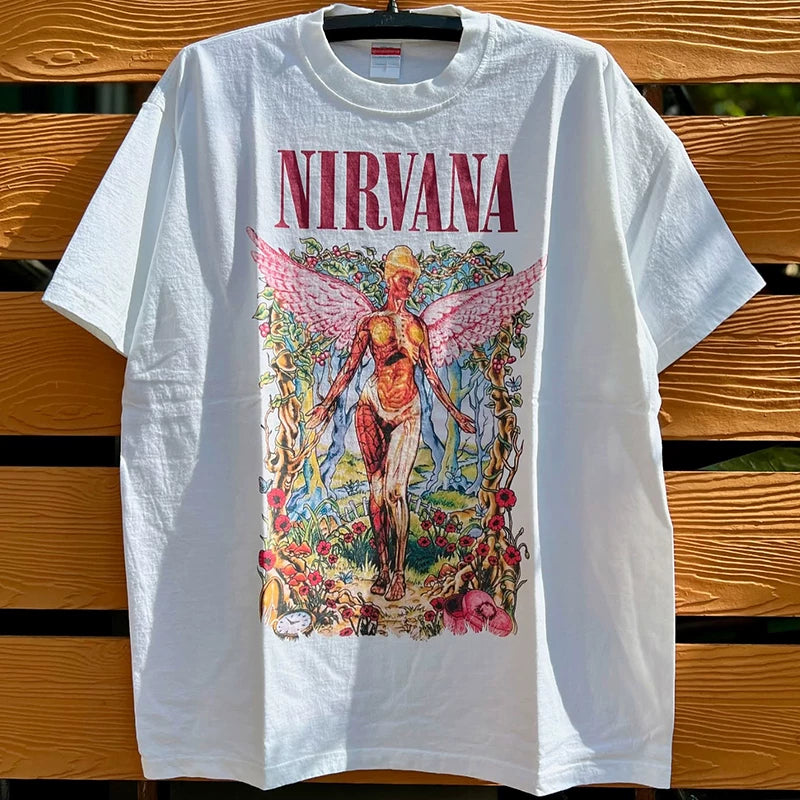 Nirvana Angel Band Short sleeved T-shirt Men's Hiphop Hip Hop Brand American Heavy duty Cotton Tee