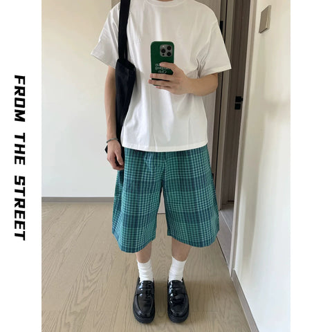 Japanese retro blue checkered shorts from the street, men's loose straight leg summer versatile casual five inch shorts ins