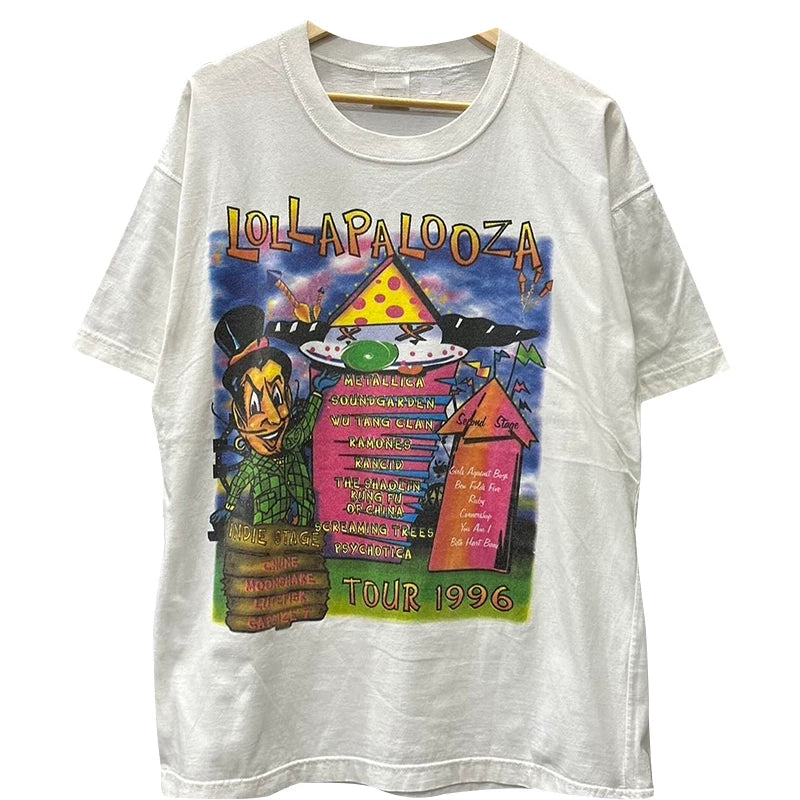 Lollapalooza音乐节潮牌印花短袖T恤y2k美式小领口纯棉圆领体恤衫