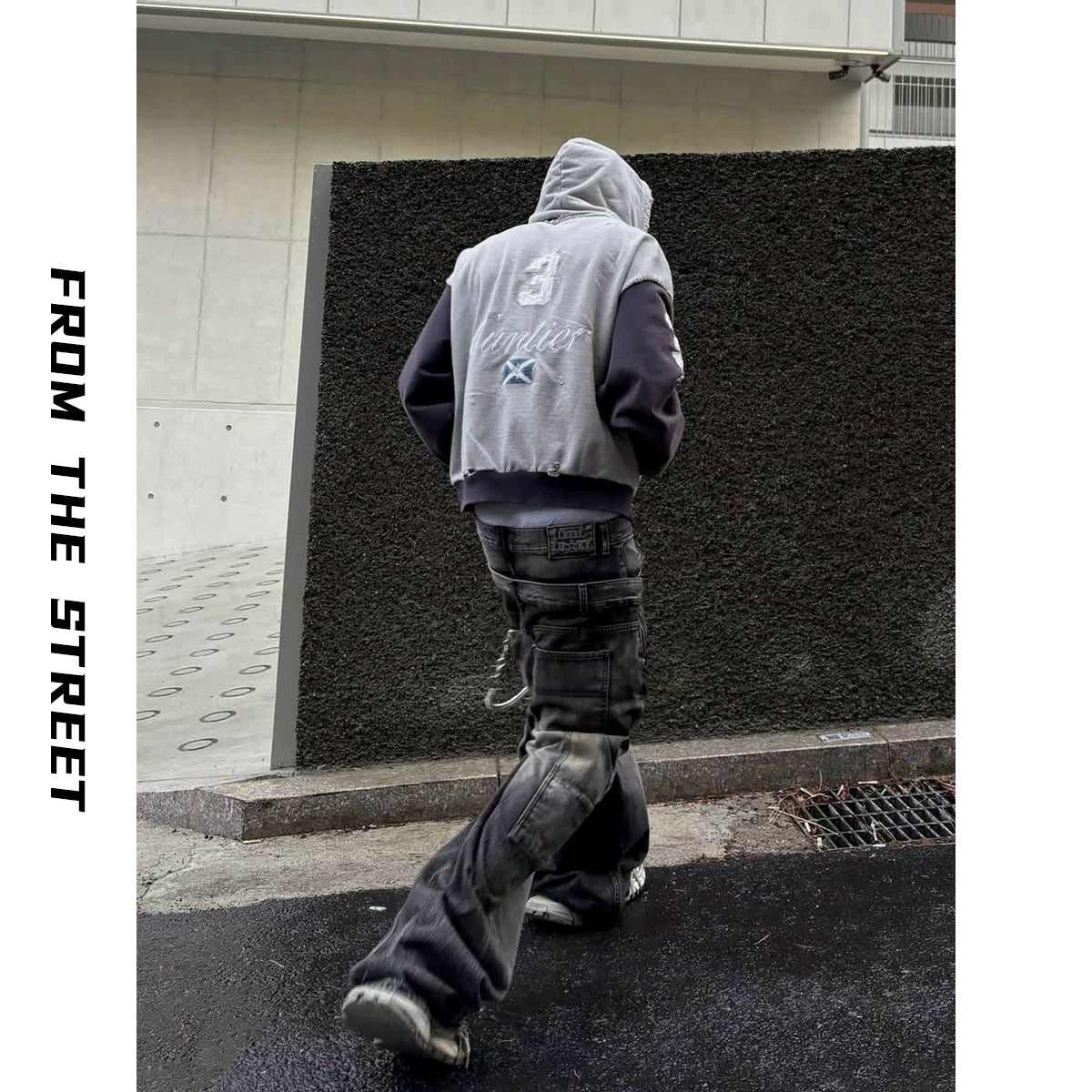 From THE STREET, street washed, worn, embroidered, zippered cardigan, hooded sweatshirt, jacket