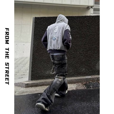 From THE STREET, street washed, worn, embroidered, zippered cardigan, hooded sweatshirt, jacket