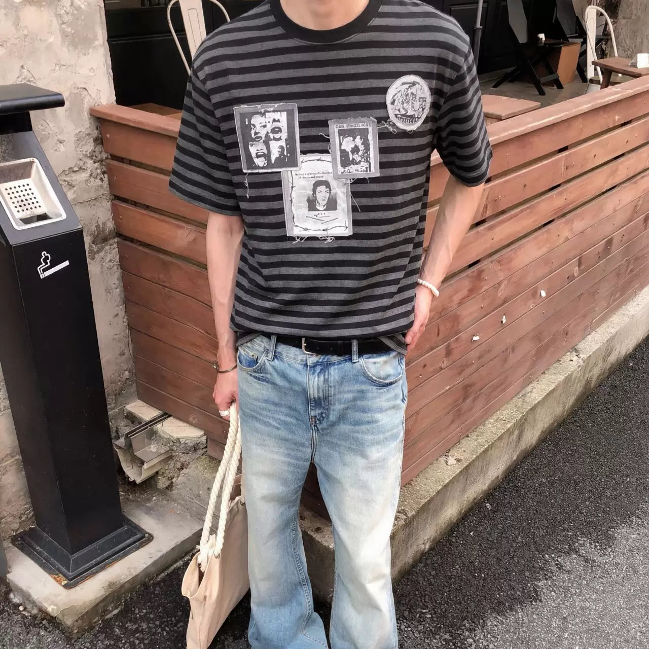 TSAOOJ black and gray striped fabric with fringed short sleeves, American retro, niche, light Asian street splicing T-shirt for men and women