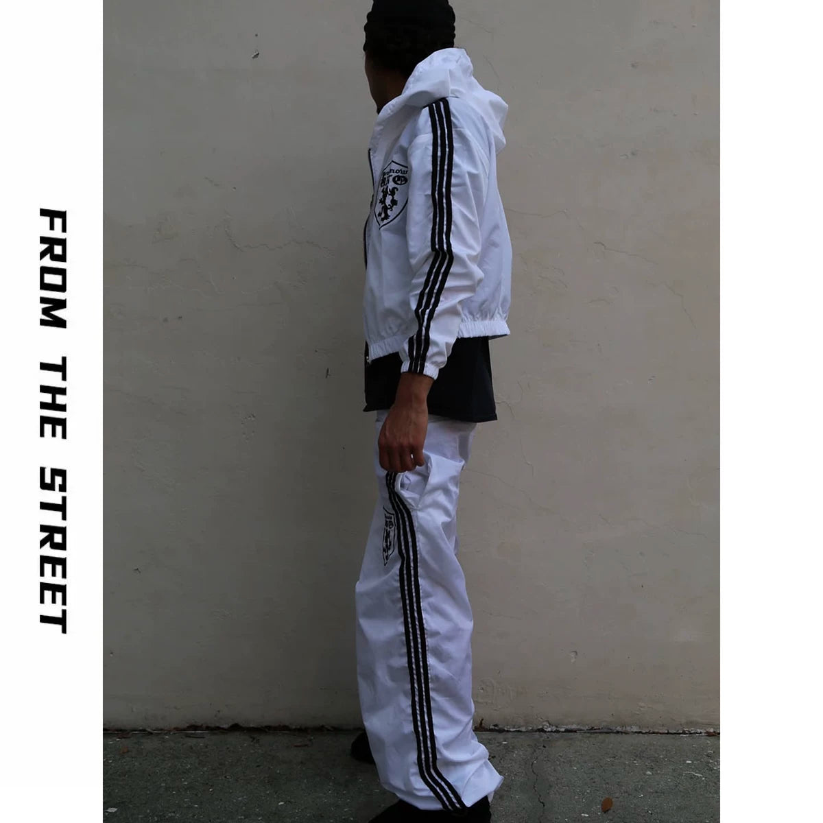 From THE STREET loose three bar shield badge nylon retro straight leg sports pants from the street