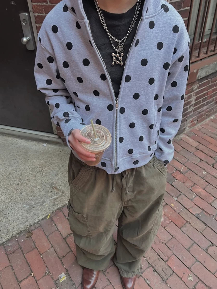 From THE STREET: Street polka dot shoulder short zipper hooded cardigan sweatshirt jacket for men and women