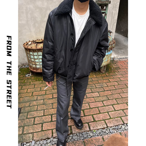 Street collar lamb wool clean fit short and wide jacket with elastic hem, warm cotton jacket for men and women