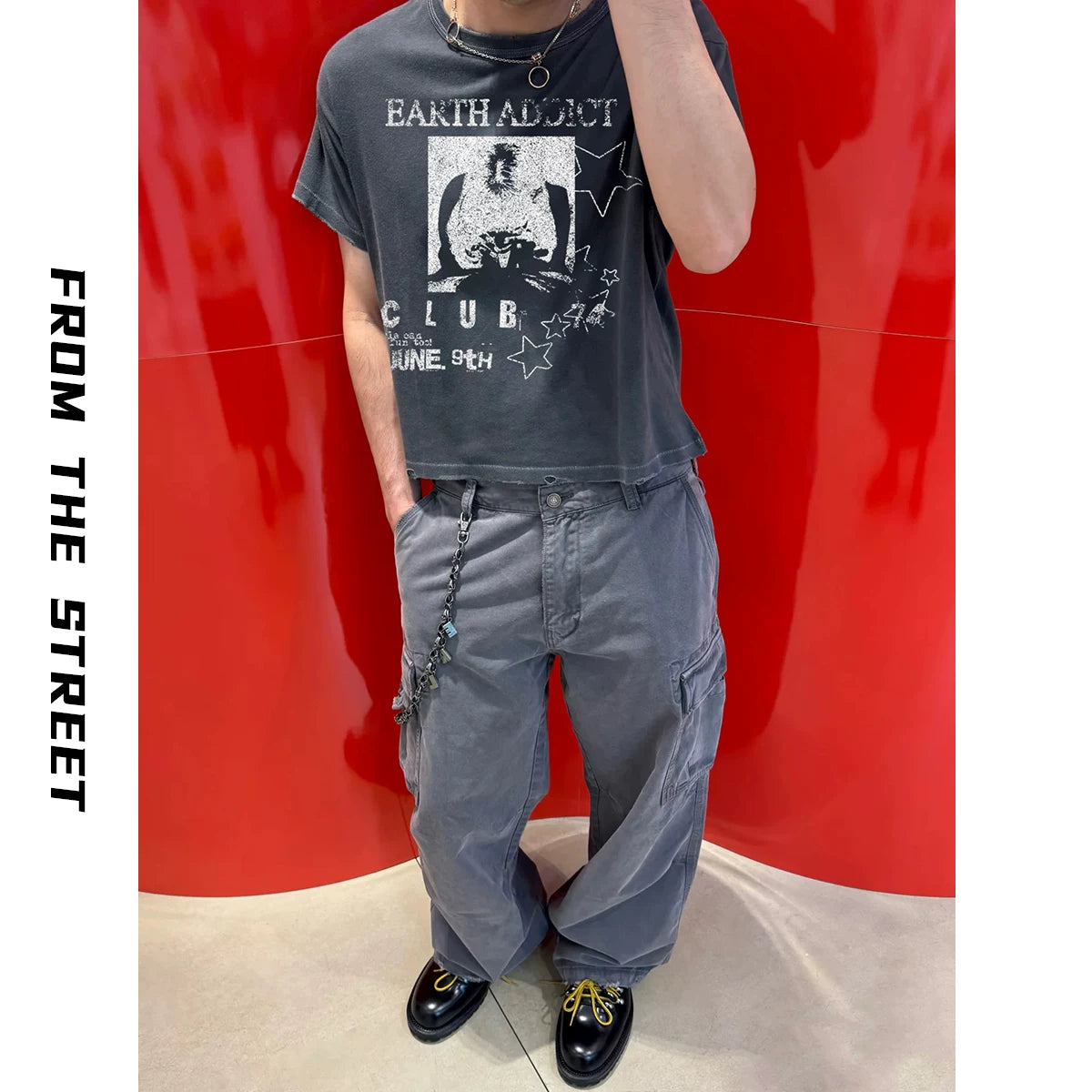 From the street retro five pointed star print single seam short sleeved worn-out Vintage lightweight short cut destructive T-shirt