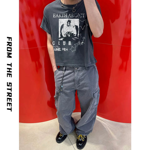 From the street retro five pointed star print single seam short sleeved worn-out Vintage lightweight short cut destructive T-shirt