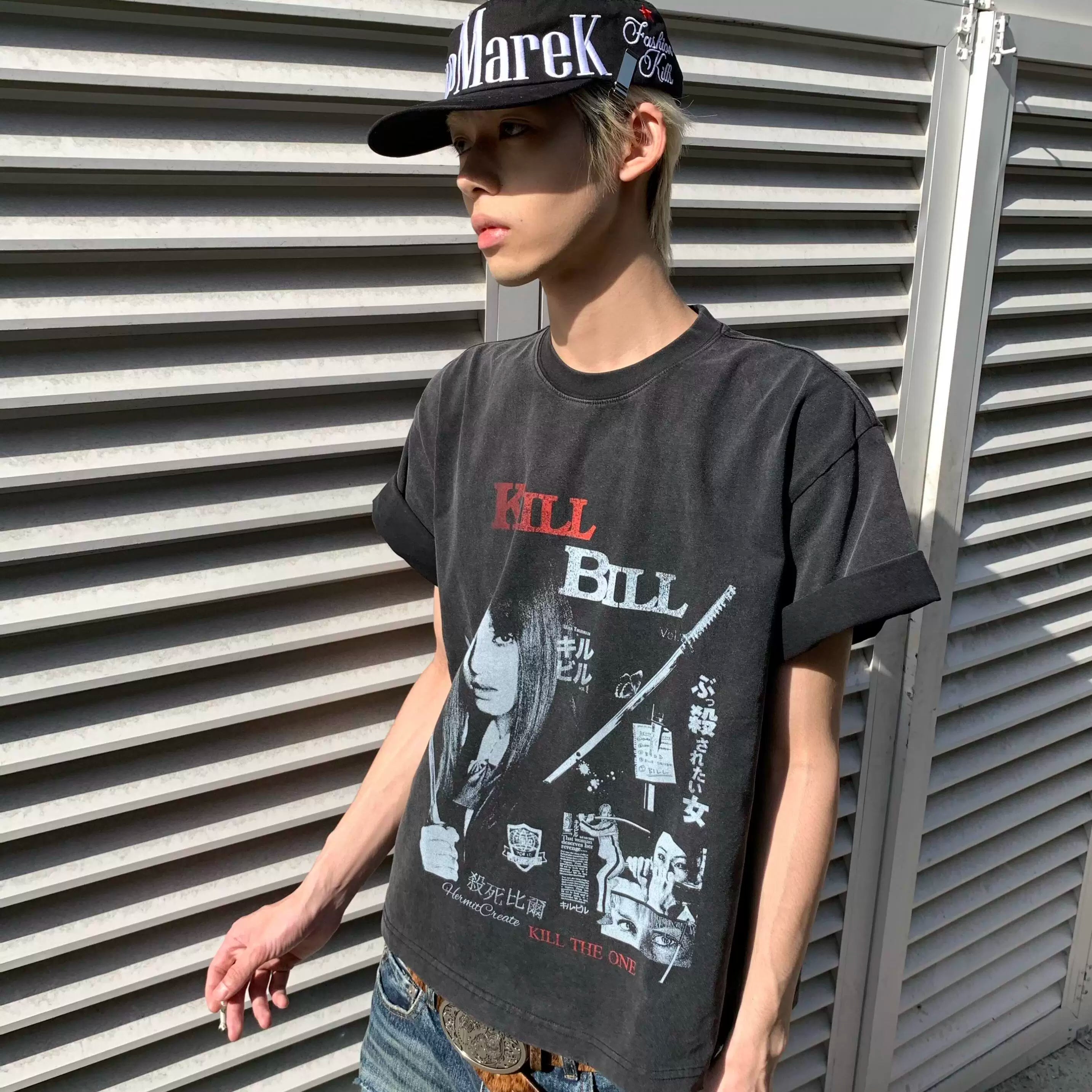 TSAOOJ Wash Kill Bill Movie T-shirt Vintage Vintage Vintage distressed short width pure cotton cleanfit short sleeved