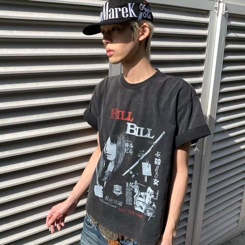 TSAOOJ Wash Kill Bill Movie T-shirt Vintage Vintage Vintage distressed short width pure cotton cleanfit short sleeved