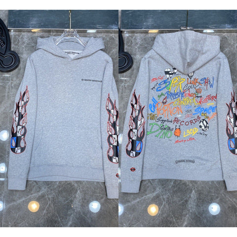 Chrome Hearts Skull Flame Sleeve & Graffiti Back Hoodie (Light Grey)