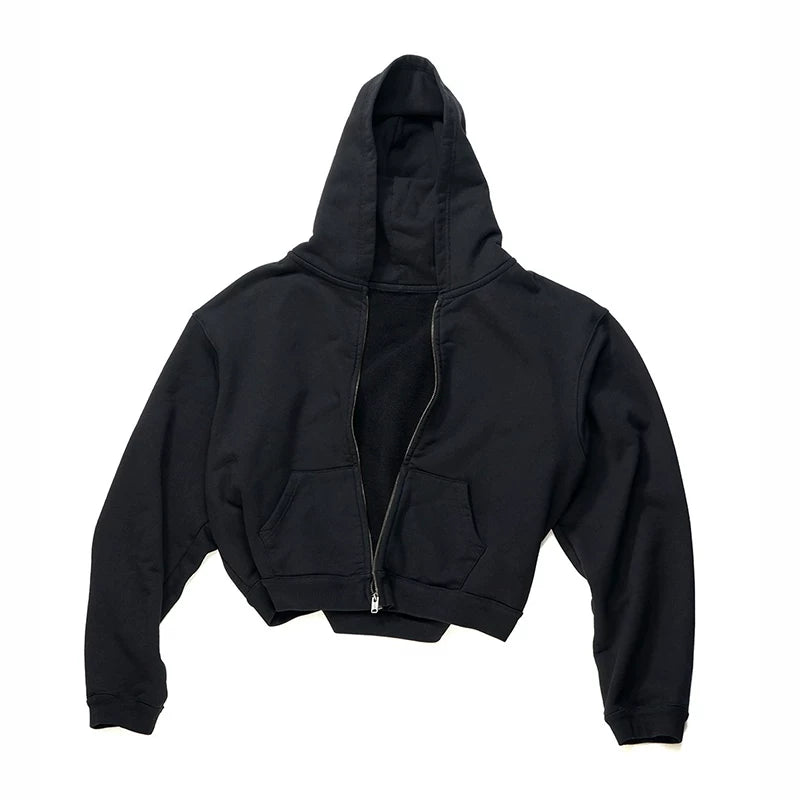 From the street kanye solid color heavy hooded short wide hoodie American high street Boxy cardigan sweater men