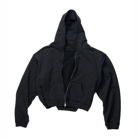 From the street kanye solid color heavy hooded short wide hoodie American high street Boxy cardigan sweater men