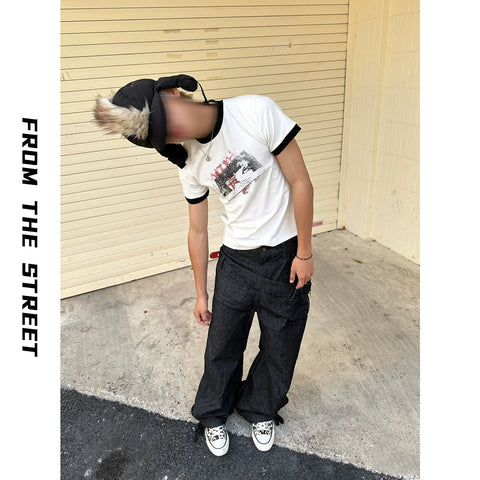 From Street American Retro Splicing Threaded Printed Tight Fit T-shirt Heavy Weight Round Neck Short Sleeve Top for Men and Women