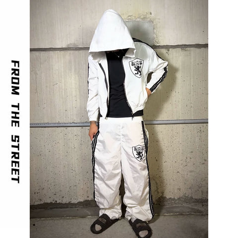 From THE STREET loose three bar shield badge nylon retro straight leg sports pants from the street
