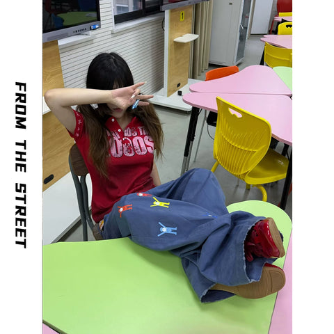 From THE STREET, a street prank sticker from baggy, loose French work pants, casual pants, same style as Luo Yan
