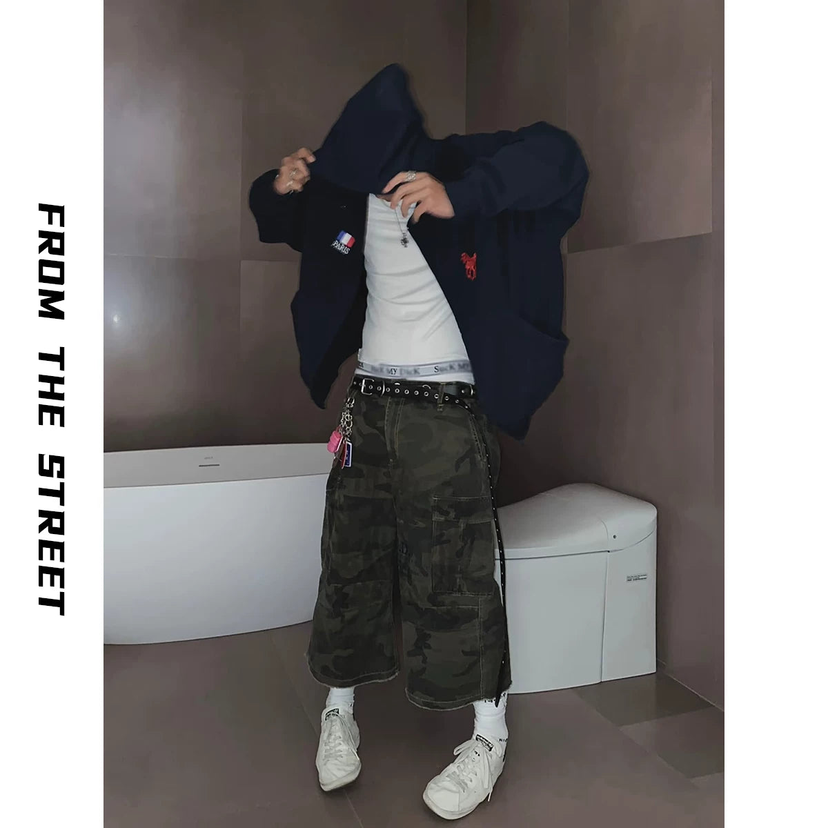 From THE STREET: Street Warrior, Embroidered, Bruveled, Washed, Used, Zippered, Loose Hooded Hoodie