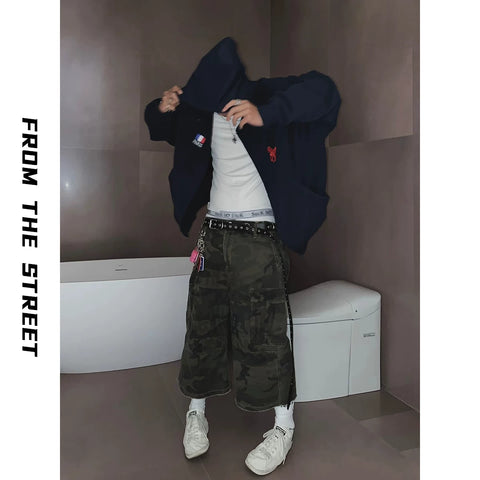 From THE STREET: Street Warrior, Embroidered, Bruveled, Washed, Used, Zippered, Loose Hooded Hoodie