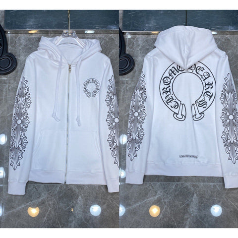 Chrome Hearts Horseshoe & Floral Cross Zip-Up Hoodie (White)