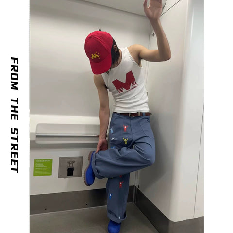 From THE STREET, a street prank sticker from baggy, loose French work pants, casual pants, same style as Luo Yan
