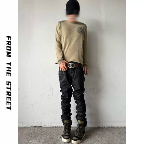 From THE STREET, Street Brushing Wax Destruction Denim Pants Slimming Skinny Pants Hediboy