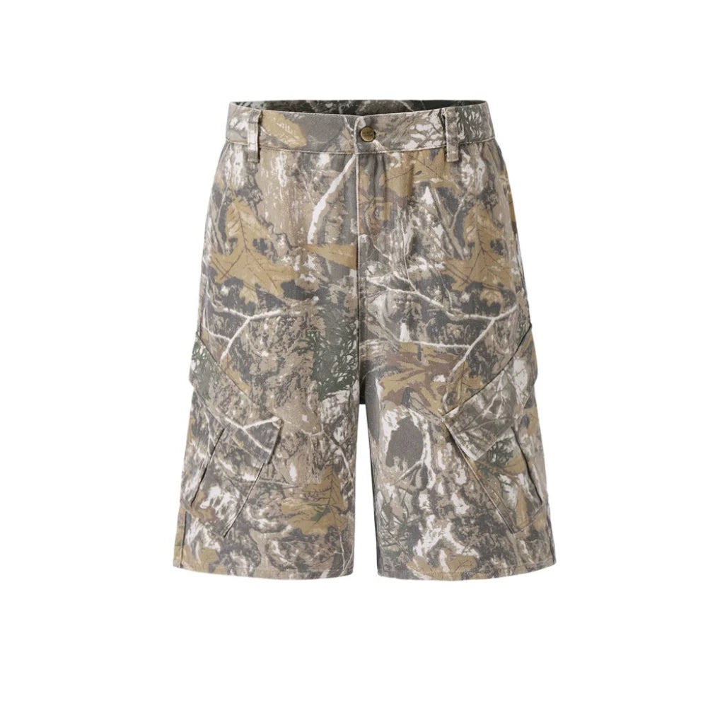 From the street, American style cleanfit retro distressed tree branch camouflage workwear shorts for men's casual over the knee half length pants