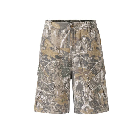 From the street, American style cleanfit retro distressed tree branch camouflage workwear shorts for men's casual over the knee half length pants