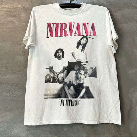 Nirvana band's inexperienced portrait print short sleeved T-shirt chic dark and cool style heavyweight cotton half sleeve trend